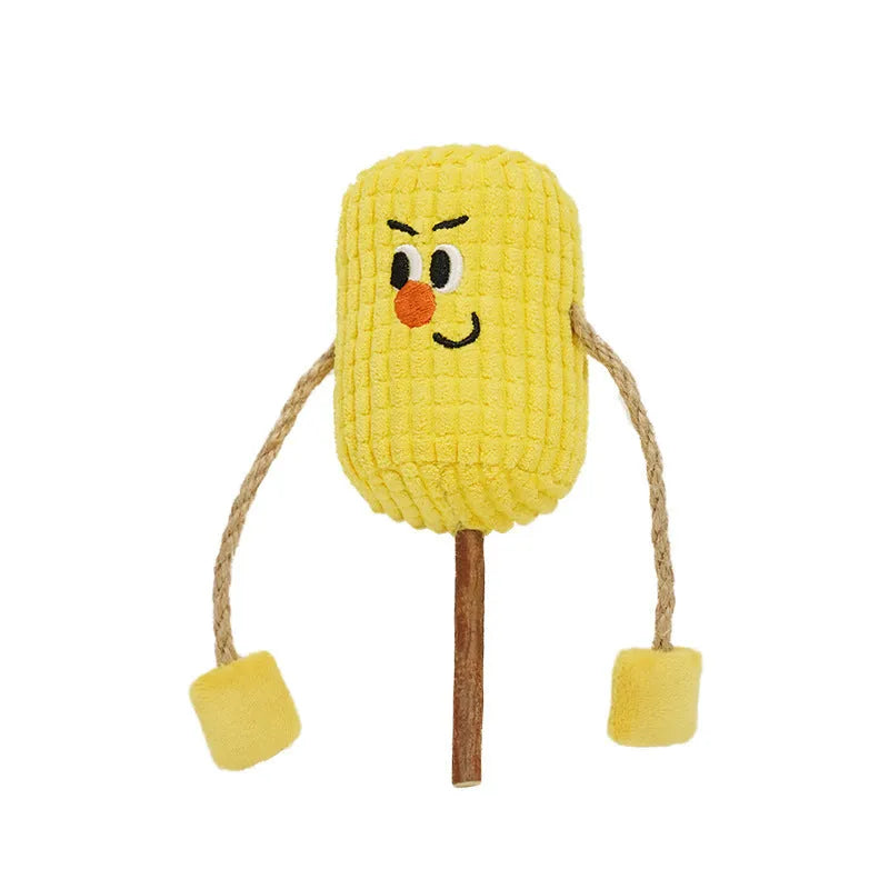 Corn cob shaped cat toy made from natural polio wood on a white background.