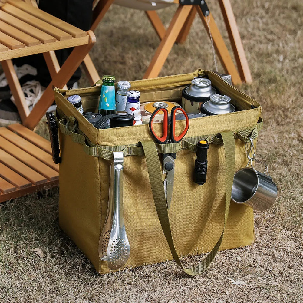 Khaki outdoor folding storage box and shopping bag, 600D Oxford cloth with EPE, approx 370x330mm, with hanging holes and D buckles.