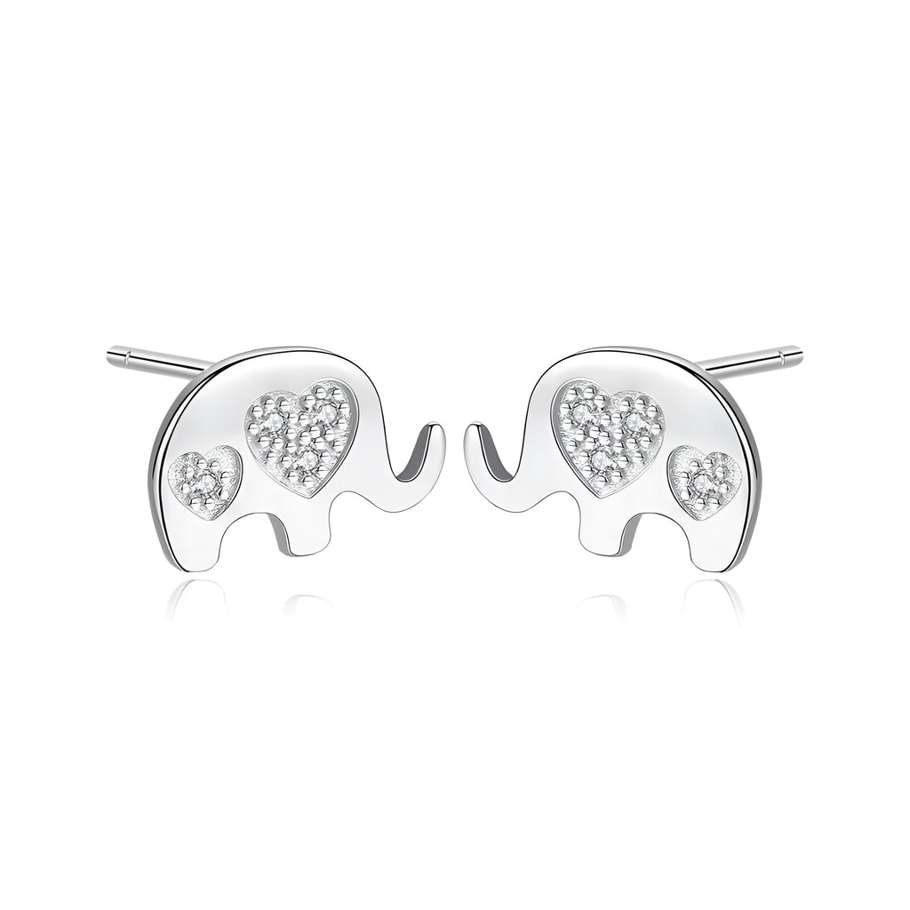 Geometric silver stud earrings with gem setting, shown in gold and silvery colour options.