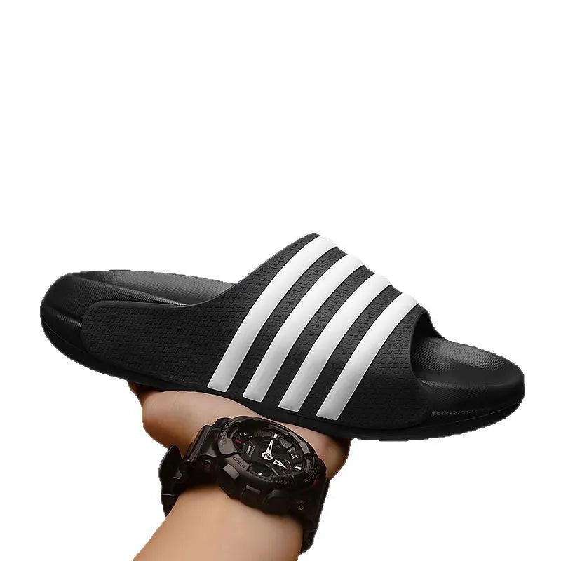 Unisex casual PVC and EVA slippers in beige, black and white, blue and white, or green colours.