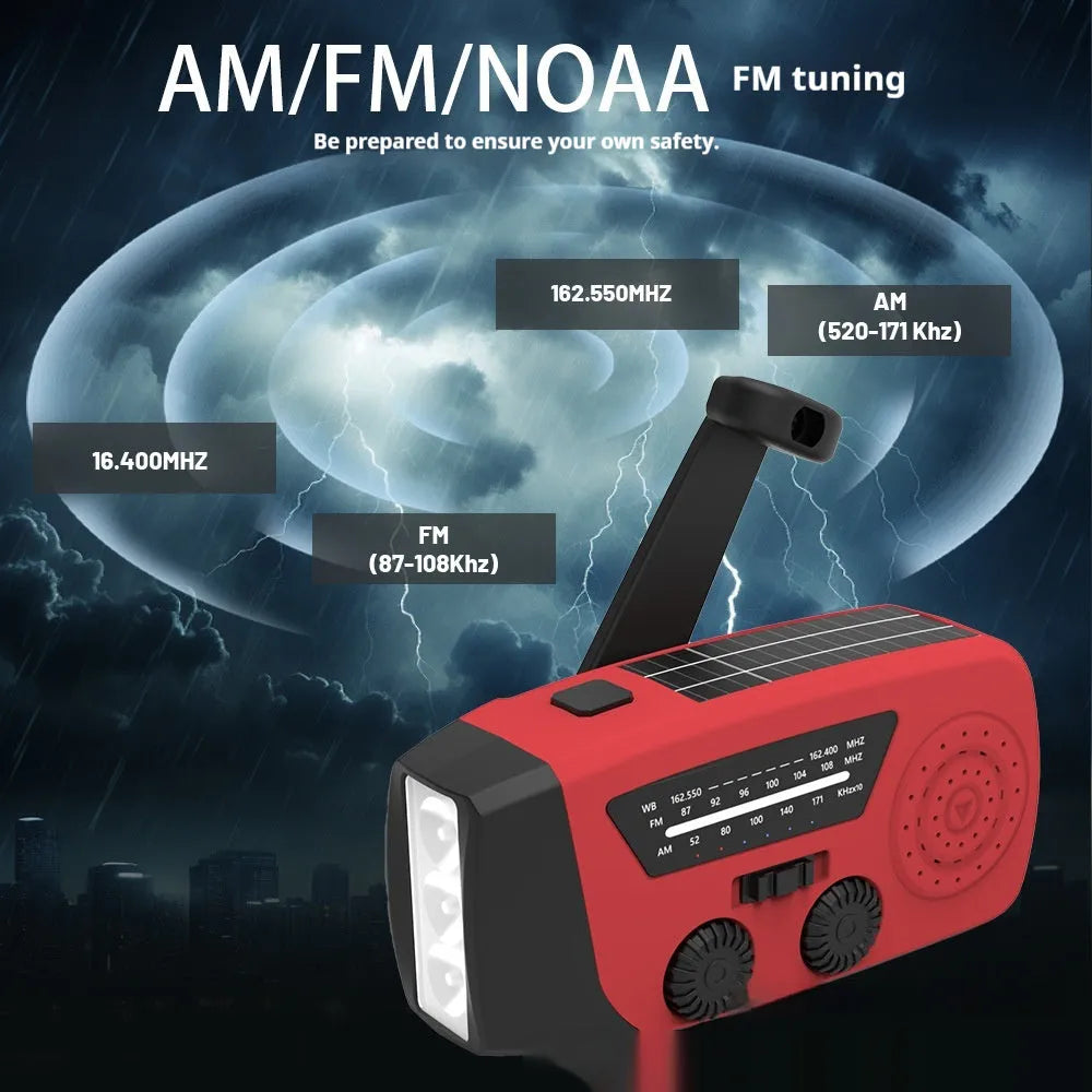 Red rechargeable emergency hand radio with torch, built-in speaker, wrist strap, and Type-C charging cable.