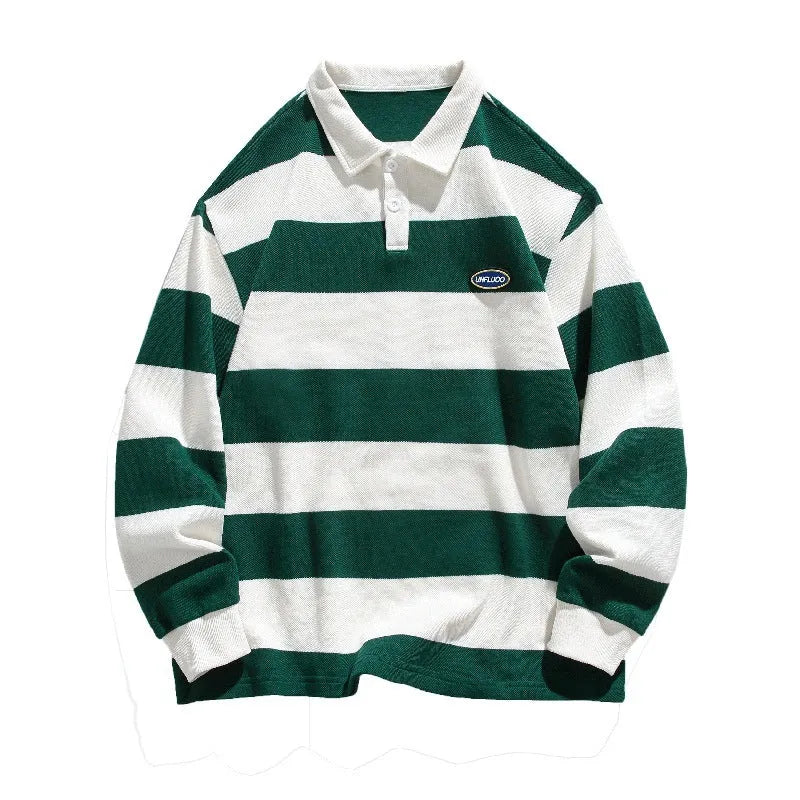 Hong Kong style pearl cotton polo shirt with a sweater lapel in a loose, long-sleeve fit.