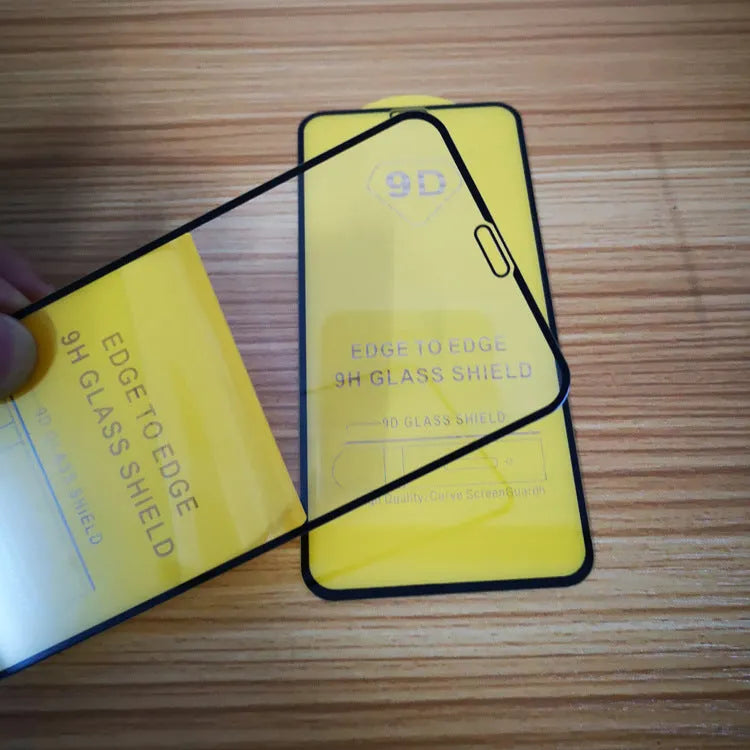 Black full screen tempered glass protector for Xiaomi smartphones on a white background.