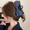 Women's Love Denim Bow Triangle Hair Clip handmade from fabric and acrylic in atmospheric style