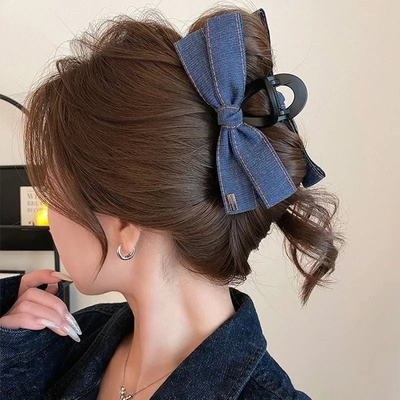 Women's Love Denim Bow Triangle Hair Clip handmade from fabric and acrylic in atmospheric style