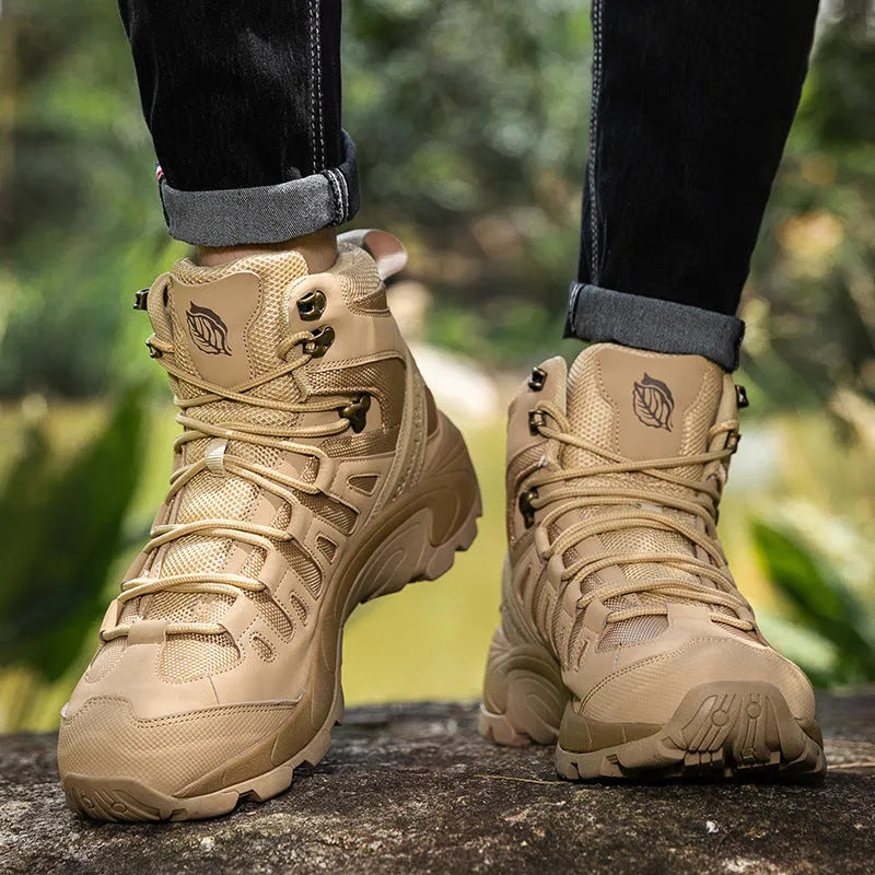 Men's outdoor combat boots in sand colour with space plus Oxford cloth upper and rubber sole