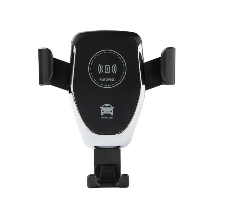 Car wireless charger mount holding iPhone with automatic clamping arms and dashboard mounting
