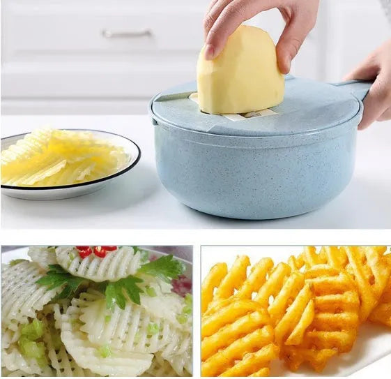8 in 1 mandoline slicer with stainless steel blades, drain basket, container, and hand protector, blue or pink