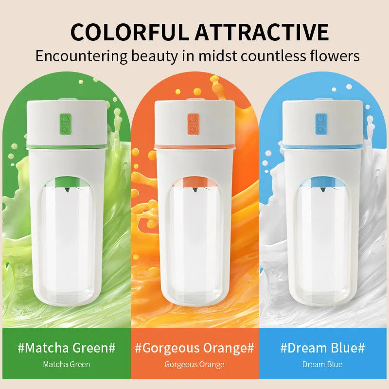 Wireless USB rechargeable electric juicer blender with 400ml capacity in blue, PC food-grade plastic liner