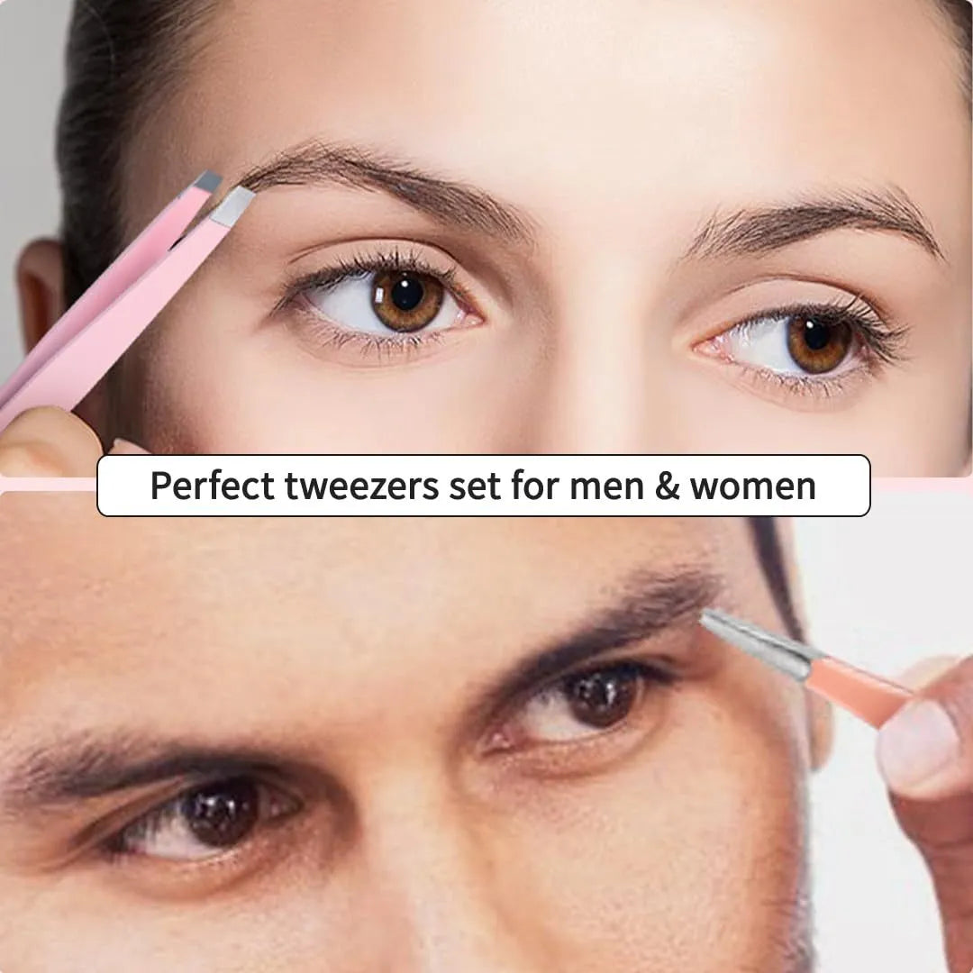 Professional stainless steel eyebrow tweezers, curved scissor, brush, and leather case in a 6-piece grooming set.