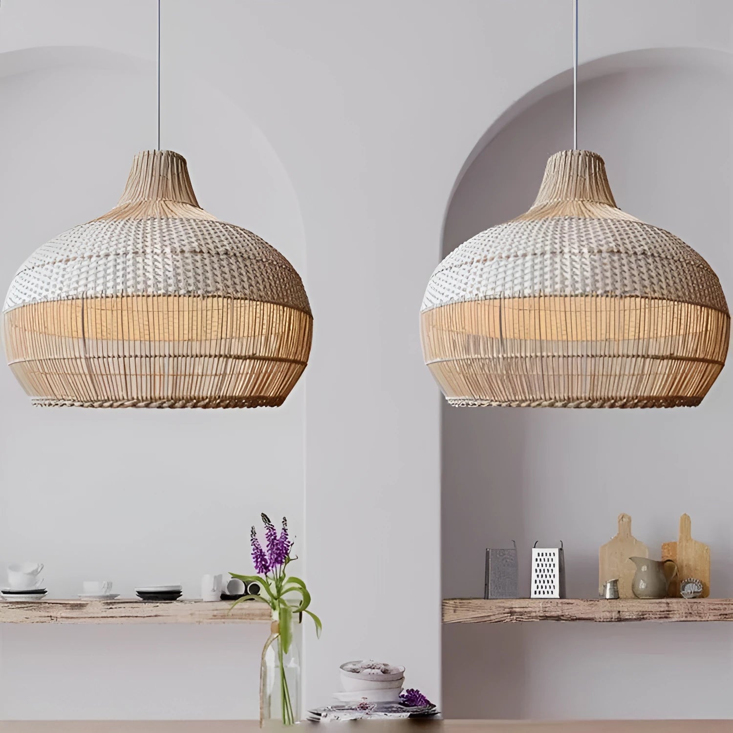 Silent Wind style rattan chandelier with a 60cm diameter, showing pastoral Southeast Asian design.