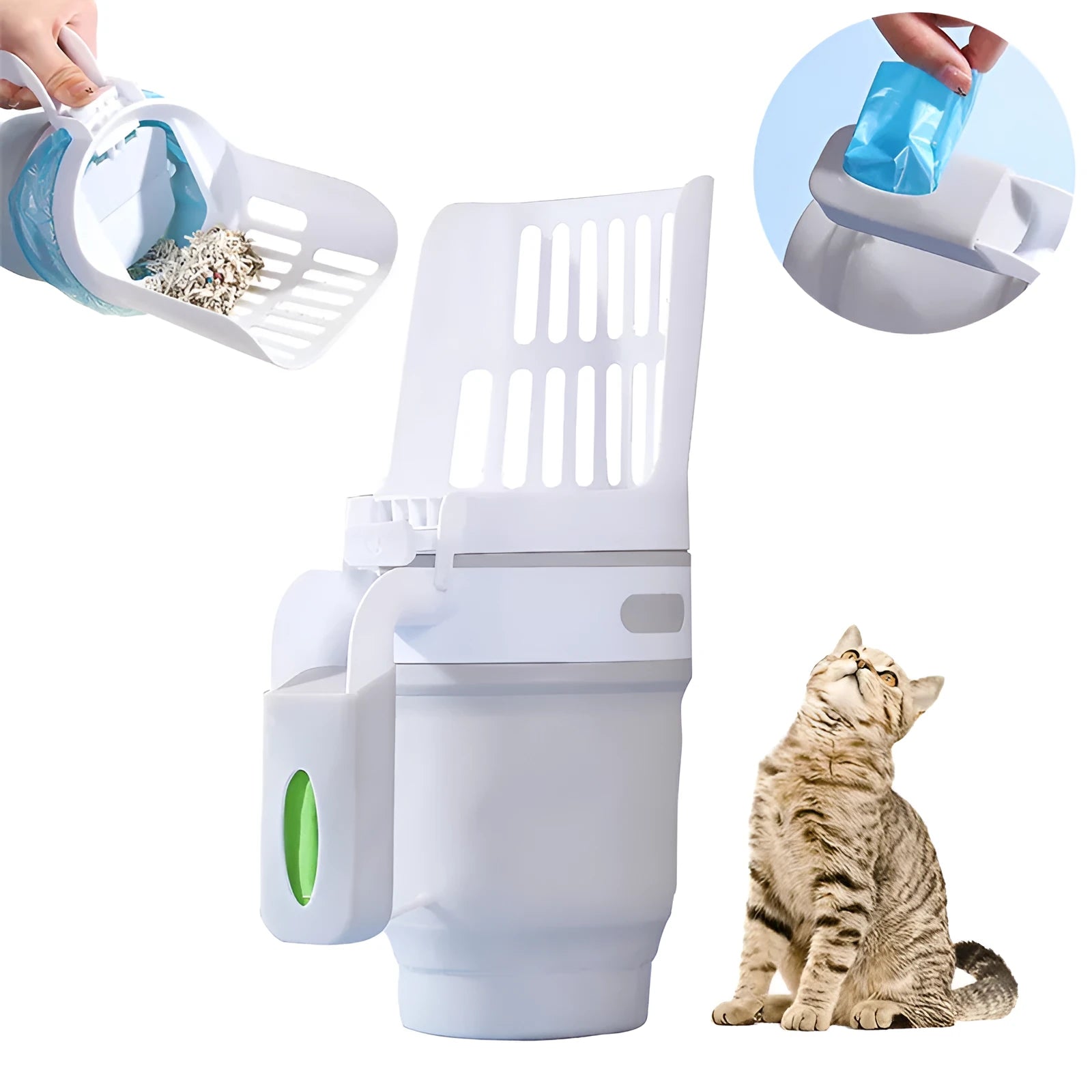 Grey foldable cat litter scoop and bin system with refill bags on a white background.