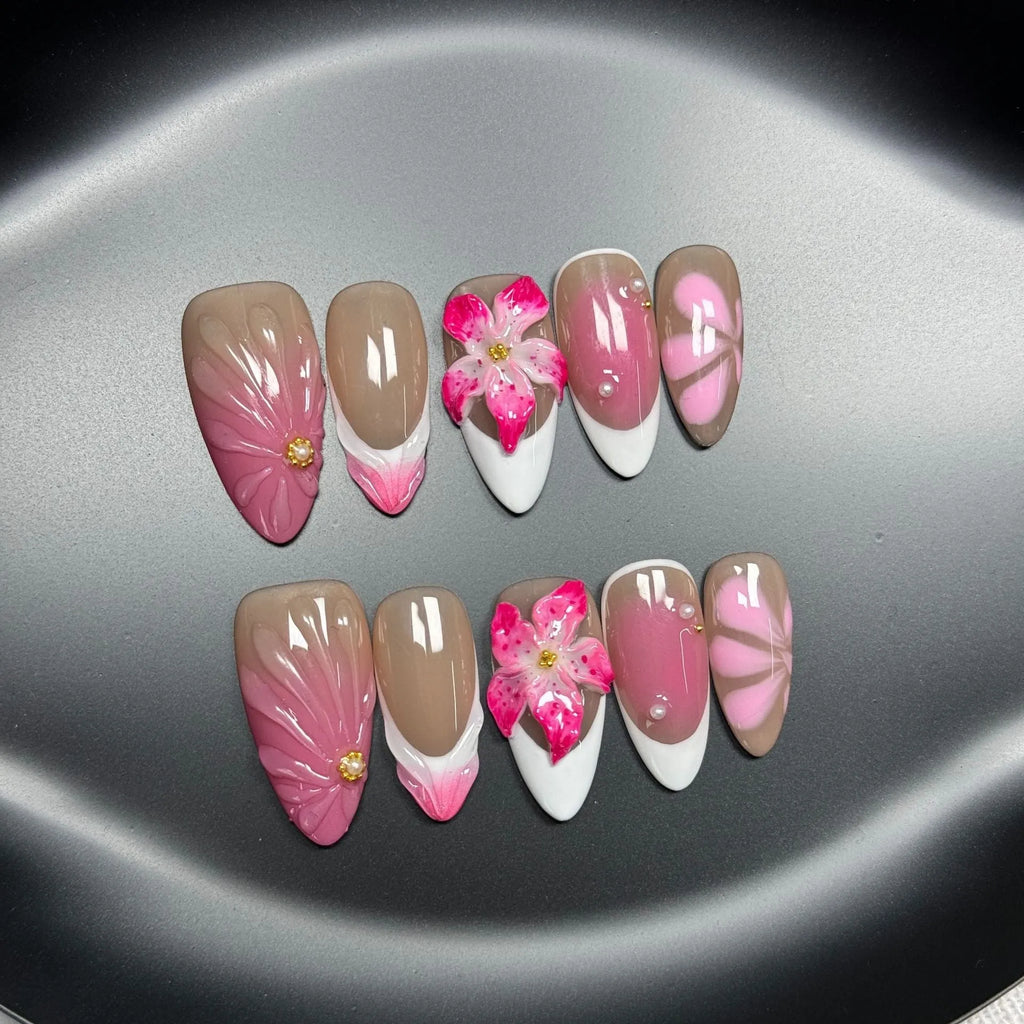 French style lily artificial nails with 3D fluid ice flower design in almond shape