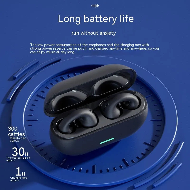 Wireless ear clip Bluetooth headset in black with breathing light, comfortable not in-ear design for sports