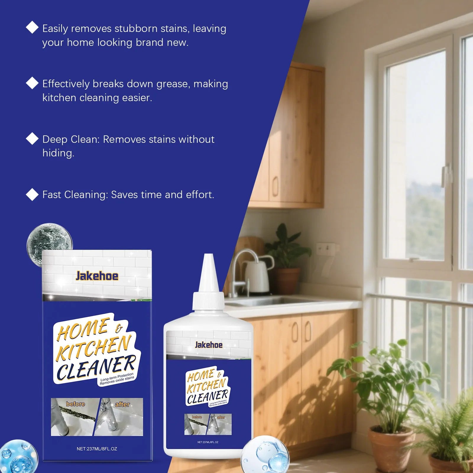 237ml household decontamination gel bottle for kitchen and bathroom cleaning, measuring 7.4 cm wide by 14.5 cm tall