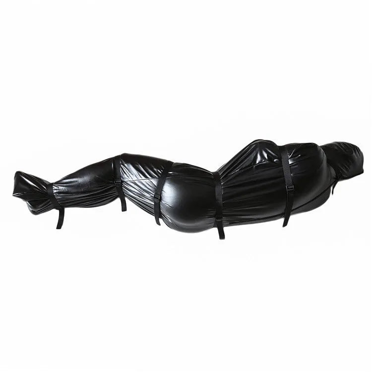 Black patent leather full coverage body restraint wrap with six ratchet tie down straps.