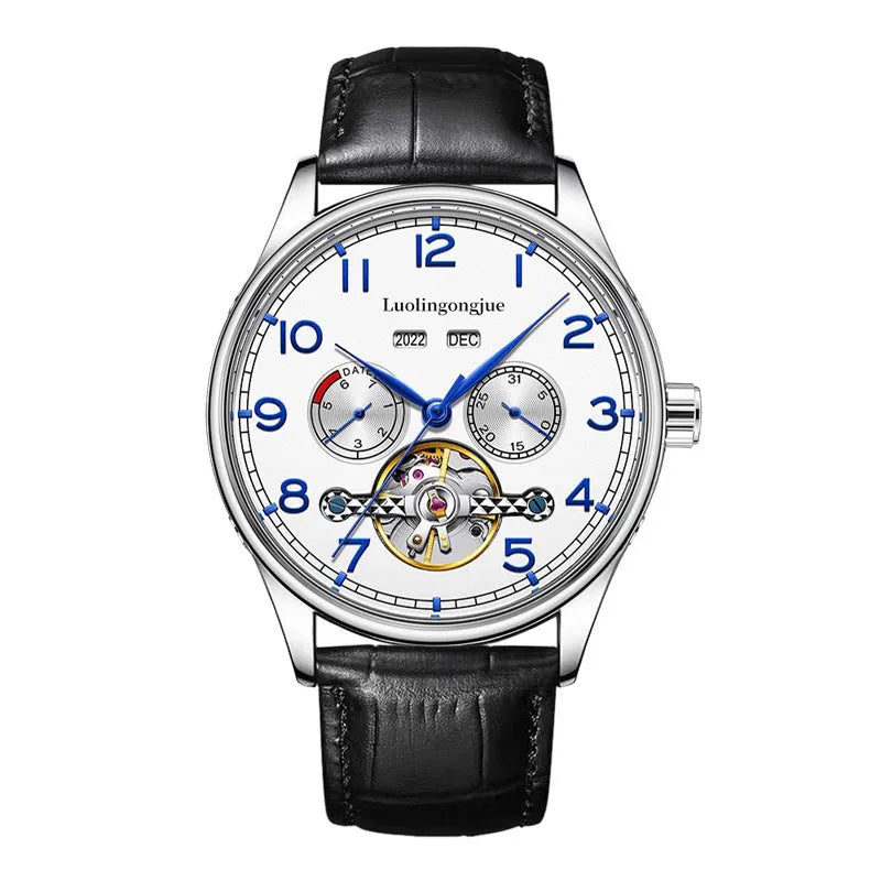 Men's stainless steel business mechanical watch with sapphire glass and leather strap