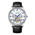 Men's stainless steel business mechanical watch with sapphire glass and leather strap