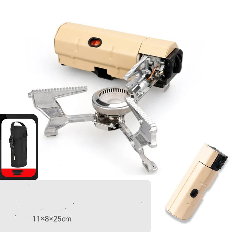 Green portable folding camping gas stove shown open for cooking and folded with its carry bag.