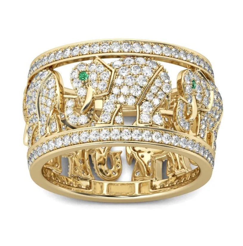 Close-up of an electroplated alloy ring with a diamond-set elephant design on a finger.
