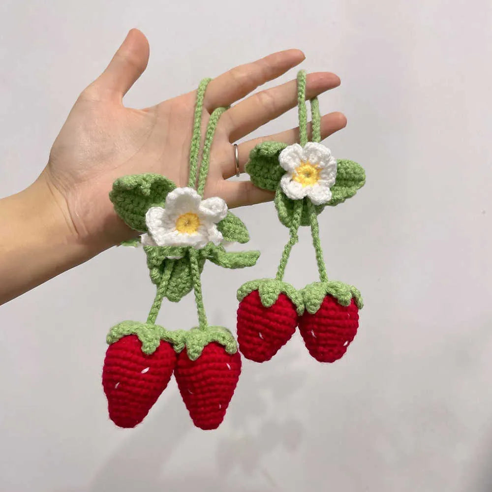 Handmade strawberry car pendant decoration made from cotton and hemp knitting wool