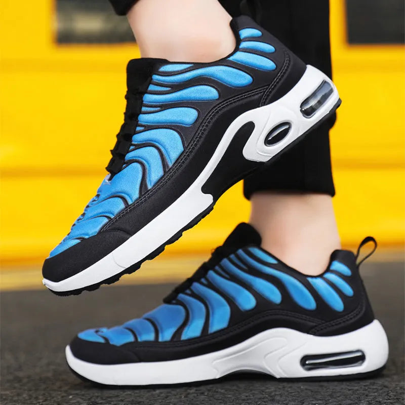 Colour-blocked men's lace-up air cushion sneakers with fabric upper and rubber sole, blue colour