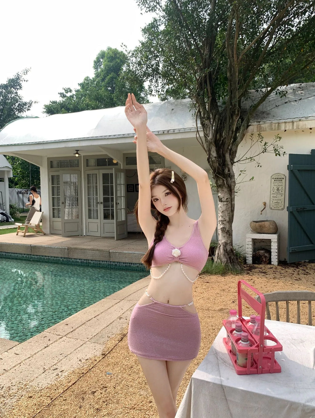 Women's three-piece polyester bikini set in pink or black for swimming sports