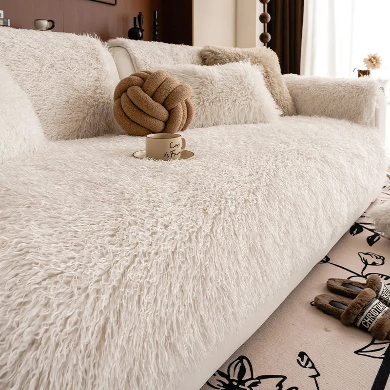 Thick plush sofa cushion in light khaki, 70 × 120cm, placed on a sofa as a seat pad and dust cover.