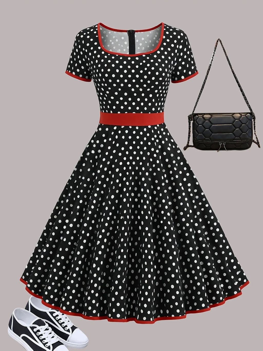 Women's square collar short sleeve dress with polka dot print, front zipper, and pleated mid-length skirt.