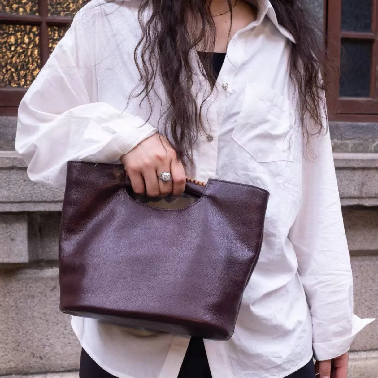 Cortex women's top grain leather crossbody bag horizontal square shape chestnut brown
