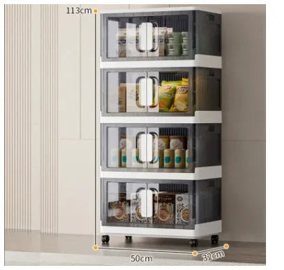 Foldable household storage locker with wheels in grey colour showing multiple storage layers