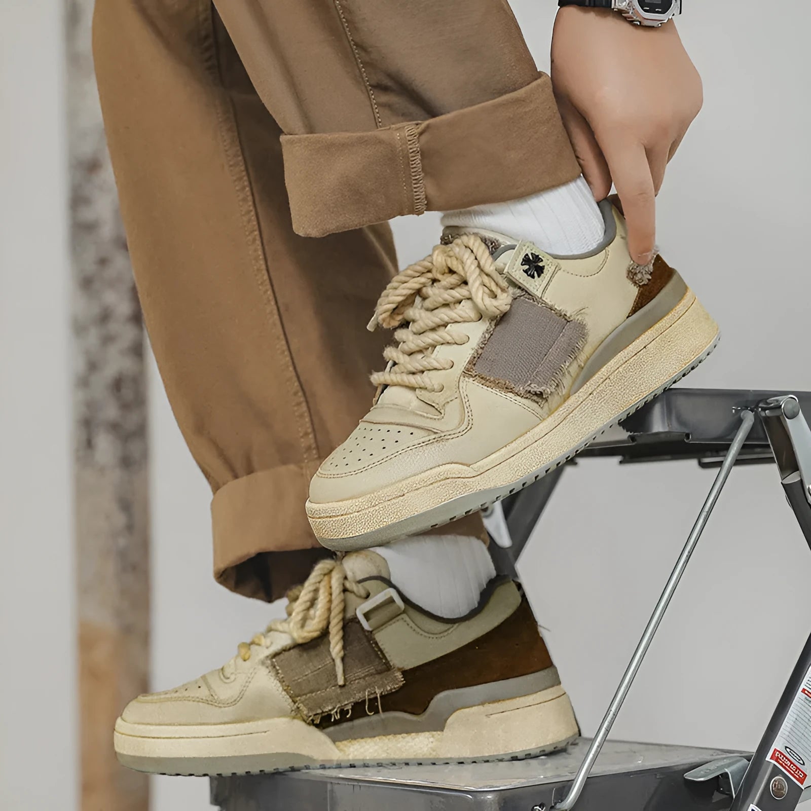 Beige low-top skateboard shoes with vintage patch detail and round toe on a rubber sole.