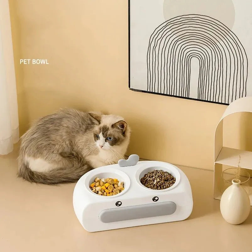 Duck design double pet bowl feeder tray in grey, pink, or yellow with plastic or stainless steel bowls for cats and small dogs.