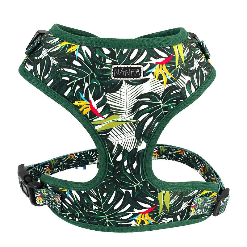 Six-piece cloth dog harness and lead set showing vest, collar, waste bag, bow tie and scarf in assorted colours.