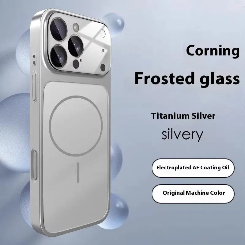 Magnetic tempered glass iPhone case in frosted finish showing Black, Orange, and Titanium Grey colour options