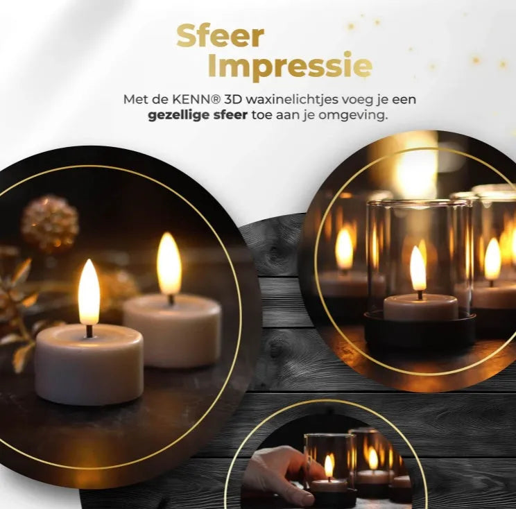 Set of four taupe coloured S10 3D flame LED tealight candles showing realistic flickering effect.