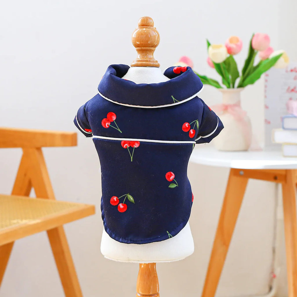 Pet pyjamas in cherry print, polyester small dog and puppy clothing in navy blue or white, sizes XS to 2L