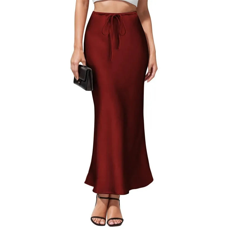 Women's high waist acetate satin skirt with asymmetric cut and irregular hem in milky white