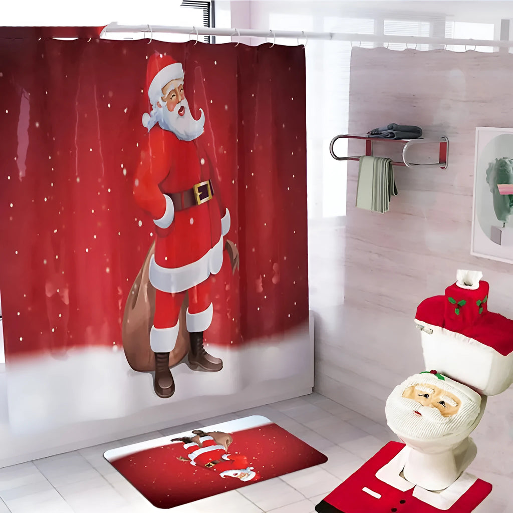 Christmas bathroom set with flannel shower curtain, toilet cover, and floor mats featuring Santa Claus design