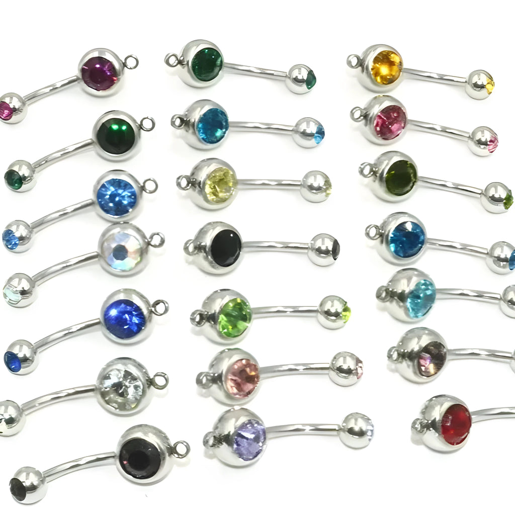 Medical steel belly button ring with Czech diamond finish in fruit shape, available in 10 colours including white and black