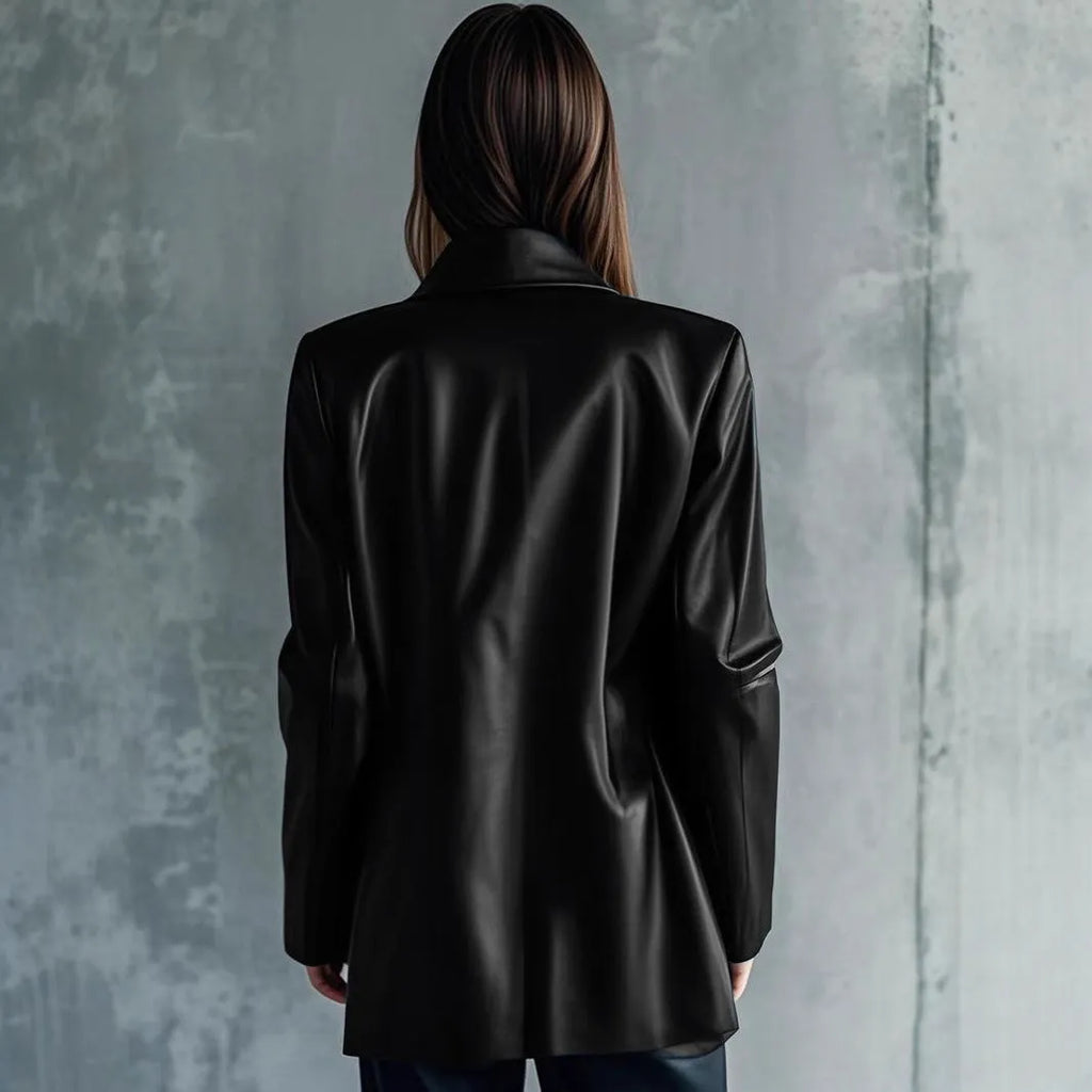 Solid black women's leather jacket with medium 65cm length and long sleeves