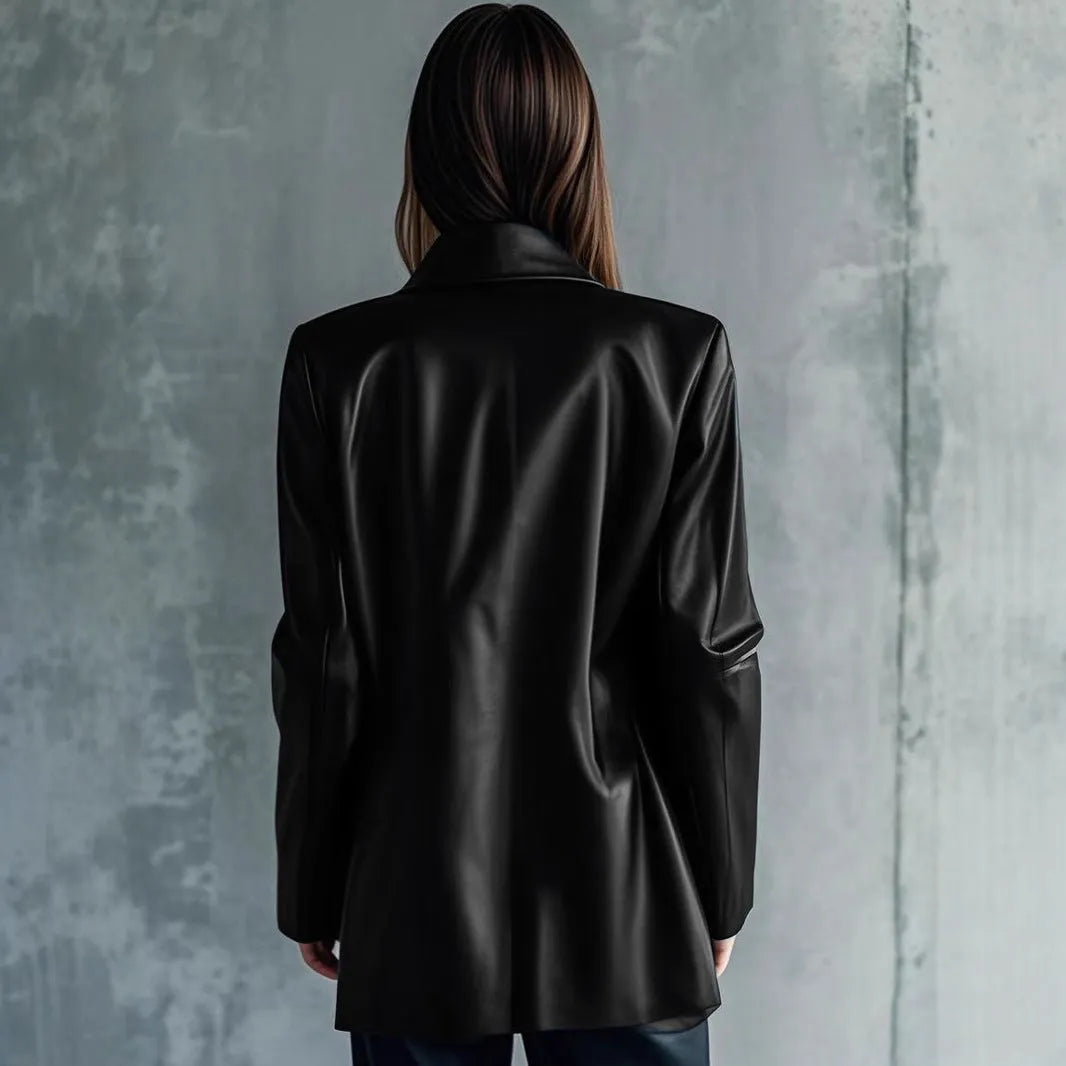 Solid black women's leather jacket with medium 65cm length and long sleeves