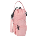Cloth water bottle pouch with crossbody strap in black, green, and pink colour options.
