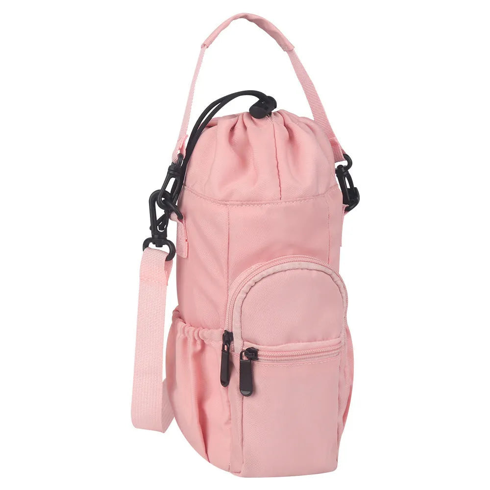Cloth water bottle pouch with crossbody strap in black, green, and pink colour options.