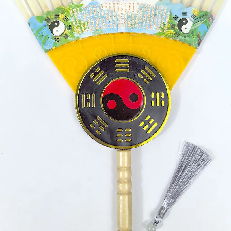 Handmade Chinese craft fan with goose feather and integrated lens fan, graphic colour pattern