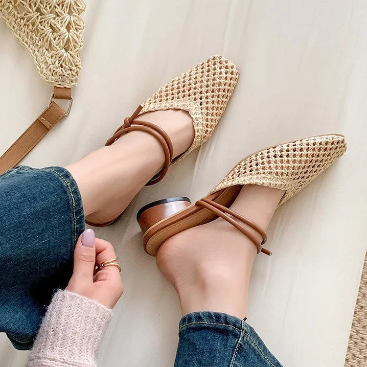 Women's black retro square toe slippers with chunky mid heel and breathable hollow-out PU upper.
