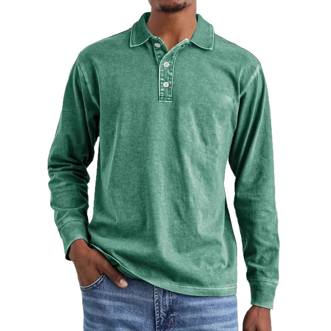 Men's retro washed distressed cotton long sleeve polo shirt with lapel collar in multiple colours