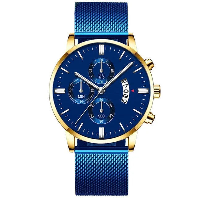 Men's stainless steel analogue watch with a mesh band, shown in a two-tone colour option.