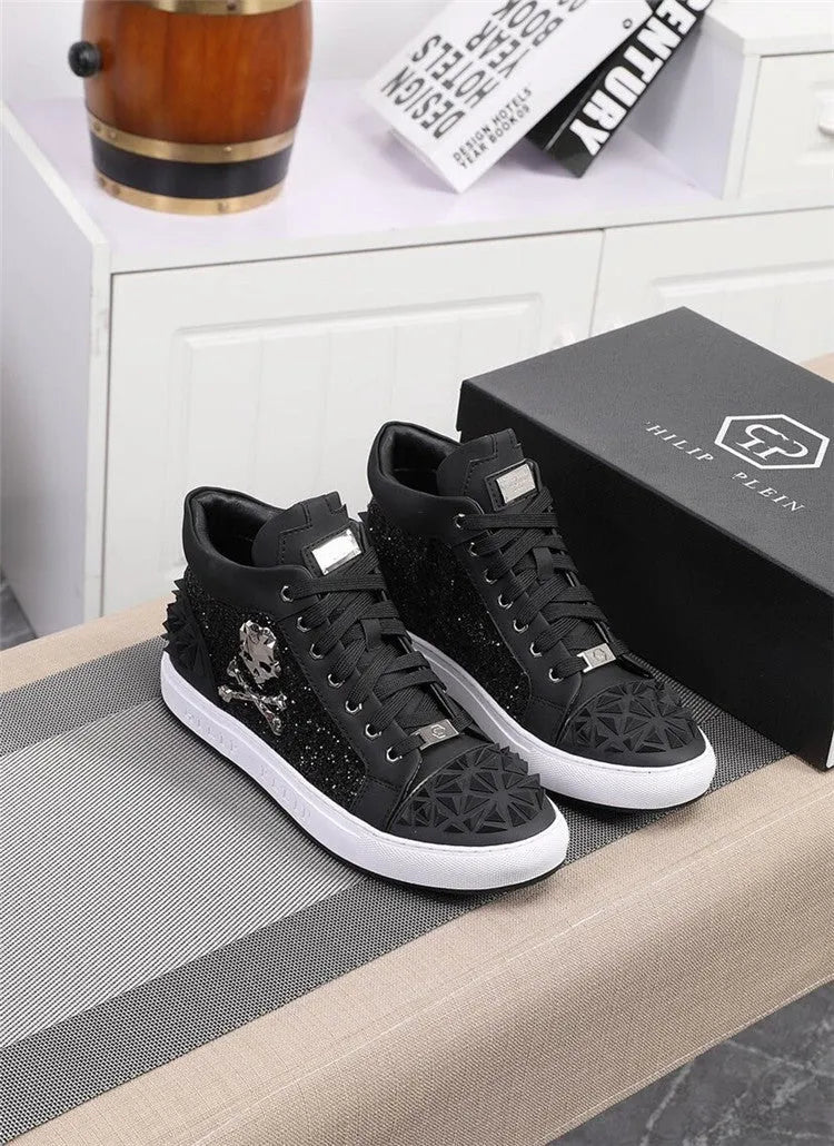 Men's black genuine leather high top skeleton shoes with lace-up closure and round toe