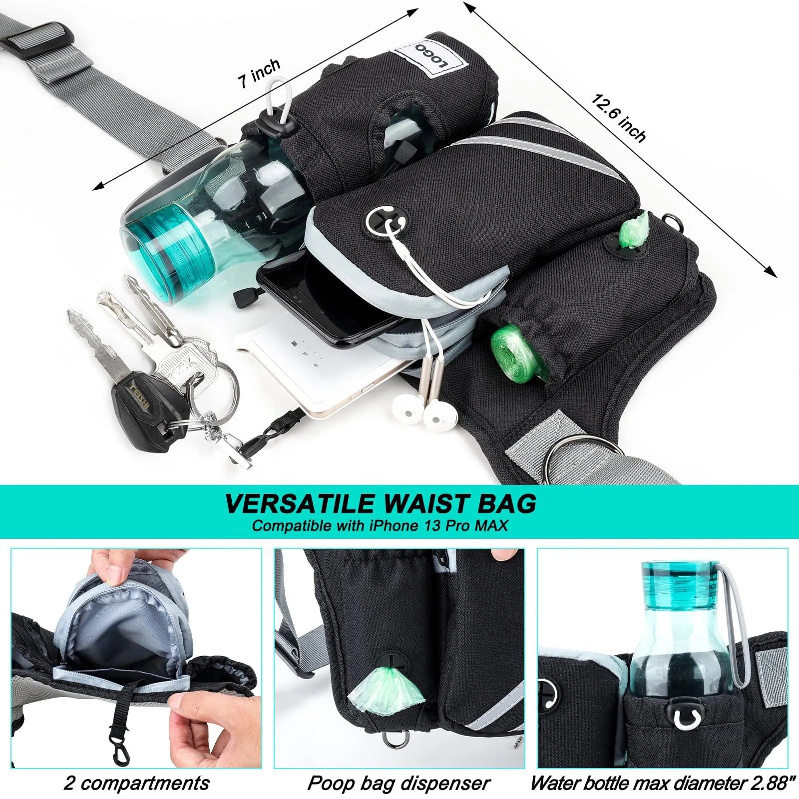 Black nylon outdoor pet training waist bag with attached dog leash and collar set